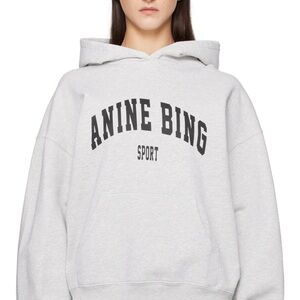 Anine Bing Heather Grey Logo Pullover Hoodie